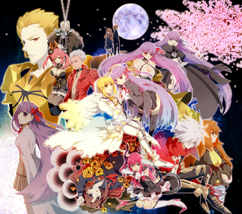 4boys, 6+girls, archer, bb_(fate/extra_ccc), chains, cherry_blossoms, everyone, fate/extra