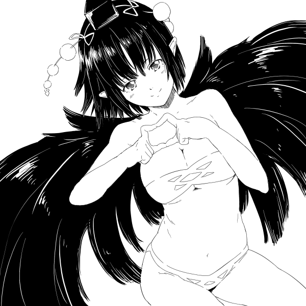 1girl, bikini, black_hair, black_wings, female, finger_frame, hat, monochrome