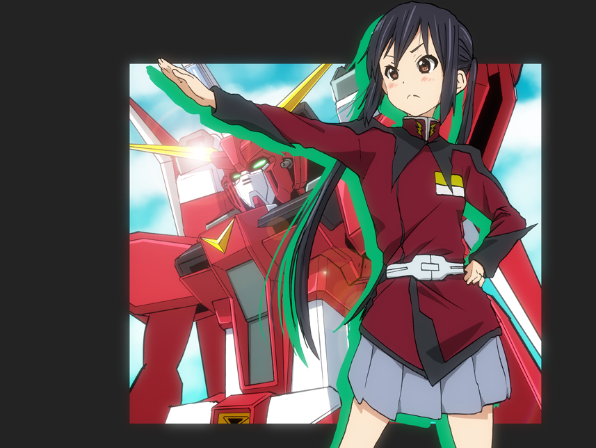 1girl, belt, black_hair, blush, clouds, cosplay, crossover, gundam, gundam_seed, gundam_seed_destiny, hand_on_hip, k-on!, long_hair, mecha, military, military_uniform, nakano_azusa, parody, saviour_gundam, skirt, sky, twintails, uniform, watanore