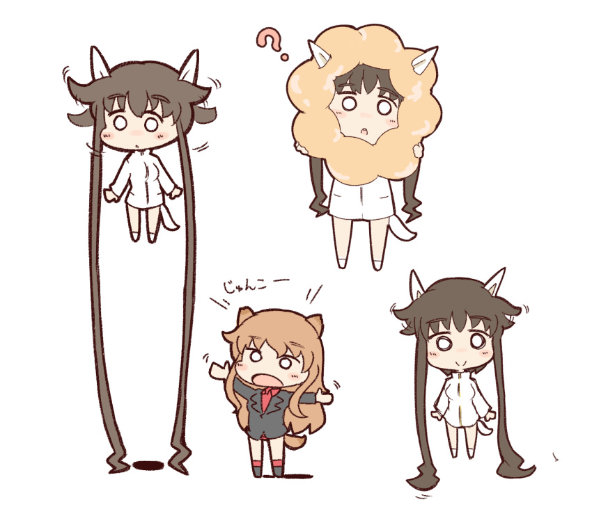2girls, ?, animal_ears, blush_stickers, brown_hair, c:, chibi, cosplay
