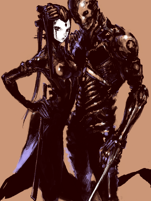 1boy, 1girl, black_eyes, blame!, brown_background, cyberpunk, cyborg, pale_skin, pcell, safeguard, schiff, schiff(blame!), schiff_(blame!), science_fiction, sword, t_(arisu-no-neko), teeth, weapon