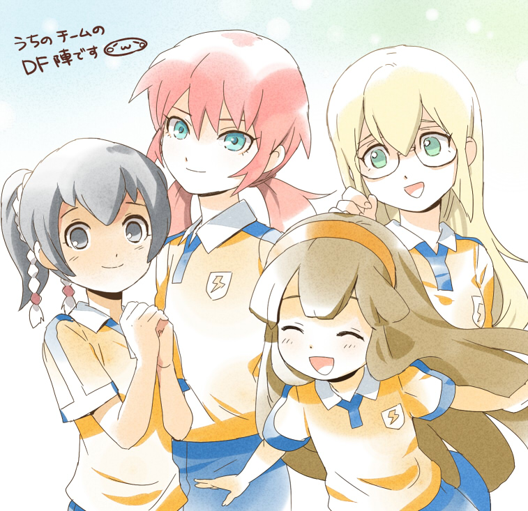 1boy, 3girls, black_hair, blonde_hair, blue_eyes, blush, brown_hair, closed_eyes