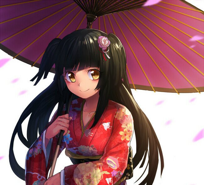 1girl, black_hair, collarbone, erubo, hair_ornament, japanese_clothes, long_hair, long_sleeves