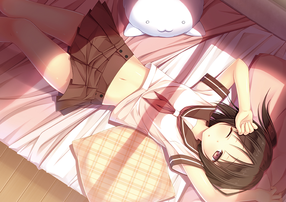 1girl, aoi_aruma, arms_up, aruma_(almax), bed, black_hair, lying, midriff