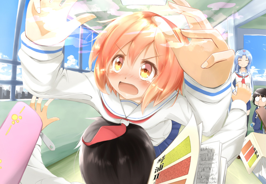 2boys, 2girls, black_hair, blue_hair, closed_eyes, glasses, head_on_chest, kotoura-san