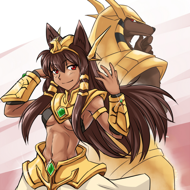 1girl, abs, animal_ears, anubis, armor, back-to-back, brown_hair, dark_skin