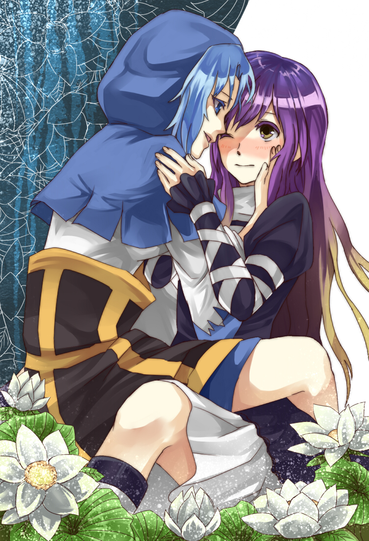 2girls, bad_id, blonde_hair, blue_eyes, blue_hair, blush, breasts, brown_eyes, brown_hair, dress, female, flower, gradient_hair, hanako5200, hand_on_another's_cheek, hand_on_another's_face, hand_on_another's_shoulder, hijiri_byakuren, hood, kesa, kumoi_ichirin, long_hair, long_sleeves, michi_(hanako5200), michimaru_(michi), multicolored_hair, multiple_girls, one_eye_closed, open_mouth, purple_hair, short_hair, smile, touhou, wink, yellow_eyes, yuri