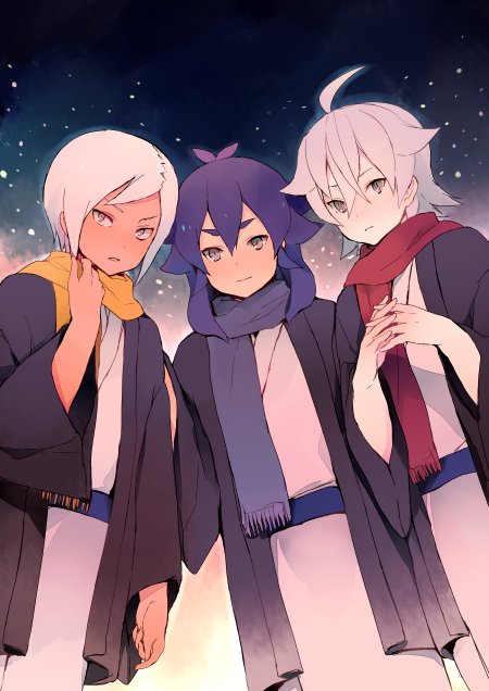3boys, ahoge, bad_id, blue_hair, from_below, inazuma_eleven_(series), inazuma_eleven_go, izumi_kanaaki, japanese_clothes, kishibe_taiga, male_focus, multiple_boys, night, night_sky, scarf, short_hair, sky, star_(sky), starry_sky, tobisawa_mana, tokio_neo, toshimasa_(serialism), white_hair