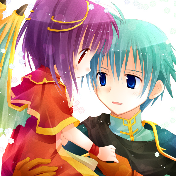 1boy, 1girl, aqua_hair, blue_eyes, blush, cape, dragon_girl, ephraim