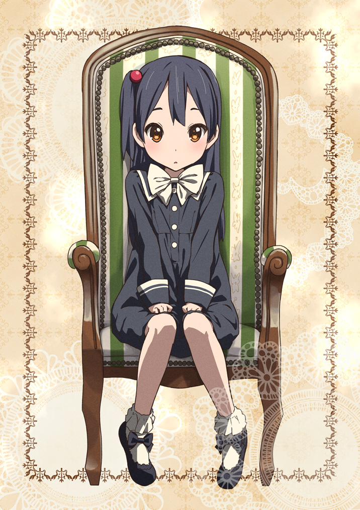 1girl, armchair, black_hair, bobby_socks, bow, brown_eyes, chair, dress, errant, hair_bobbles, hair_ornament, kitashirakawa_anko, long_hair, one_side_up, shoes, side_ponytail, socks, solo, striped, striped_upholstery, tamako_market, vertical_stripes