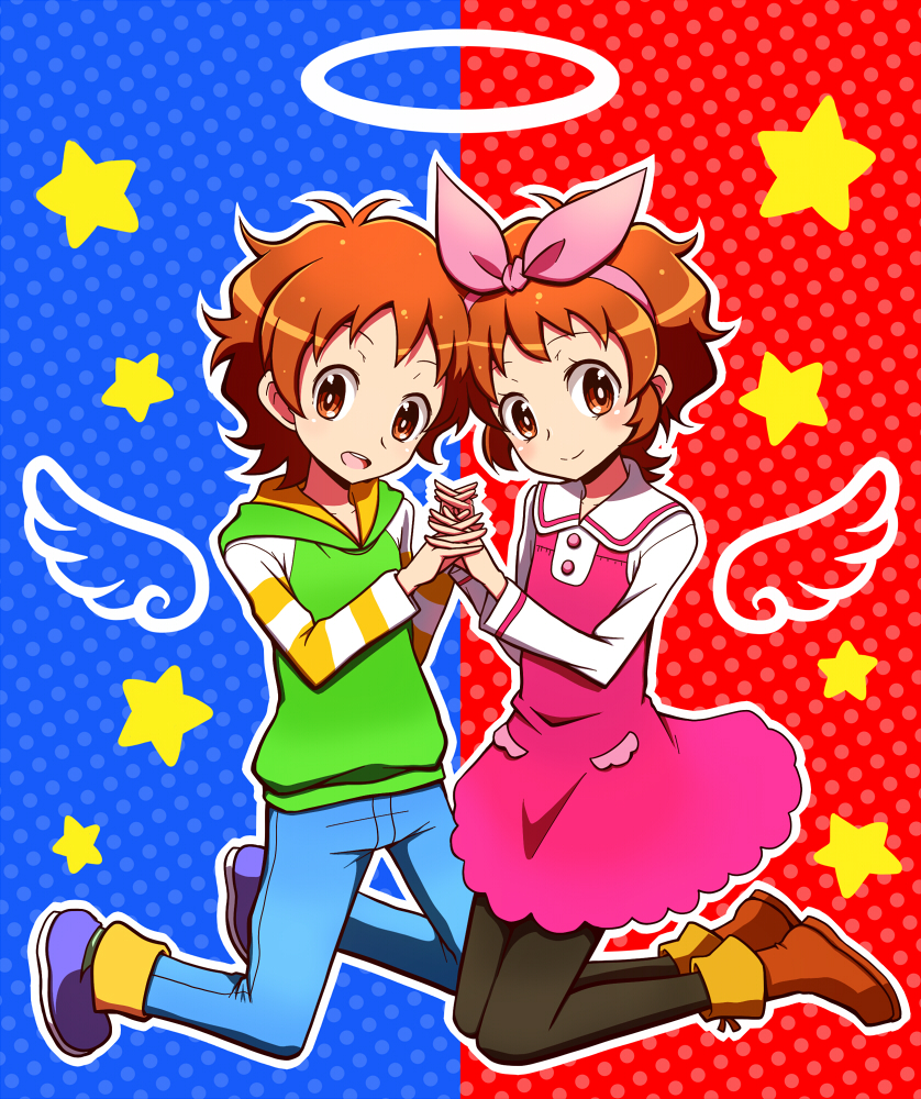 1boy, aikatsu!, black_legwear, brown_eyes, brown_hair, crossdressinging, denim, dress