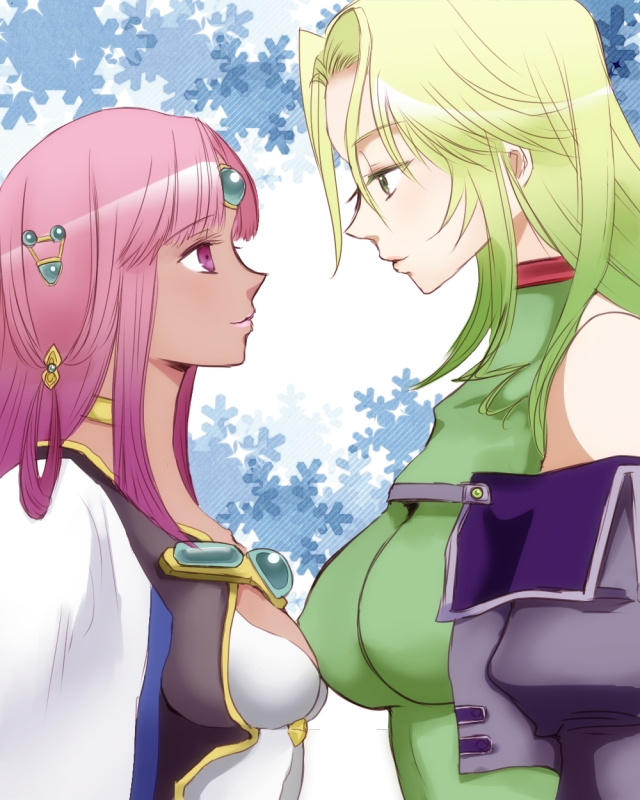 2girls, ariel_org, bangs, banpresto, bare_shoulders, breasts, choker, dark_skin