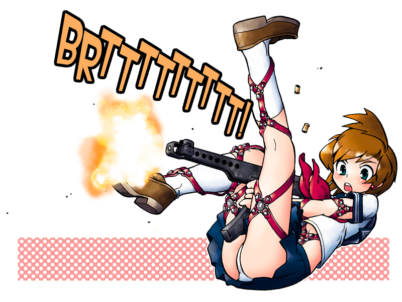 1girl, blue_eyes, brown_hair, earrings, gun, hayami_rasenjin, jewelry, lying