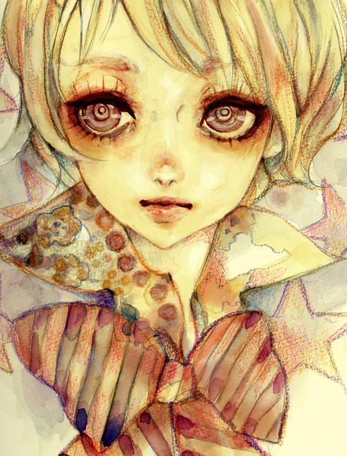 1girl, blonde_hair, bow, bowtie, colored_pencil_(medium), face, nogaru_wako, original