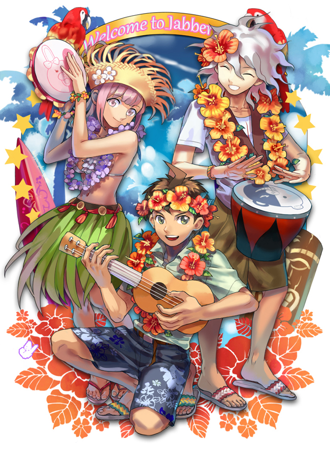 1girl, 2boys, bad_id, bikini_top, bird, closed_eyes, dangan_ronpa, drum, english, flower, grass_skirt, hair_flower, hair_ornament, hinata_hajime, holy_pumpkin, instrument, jewelry, komaeda_nagito, lei, macaw, monokuma, monomi_(dangan_ronpa), multiple_boys, nanami_chiaki, navel, parrot, sandals, scarlet_macaw, shorts, smile, super_dangan_ronpa_2, tambourine
