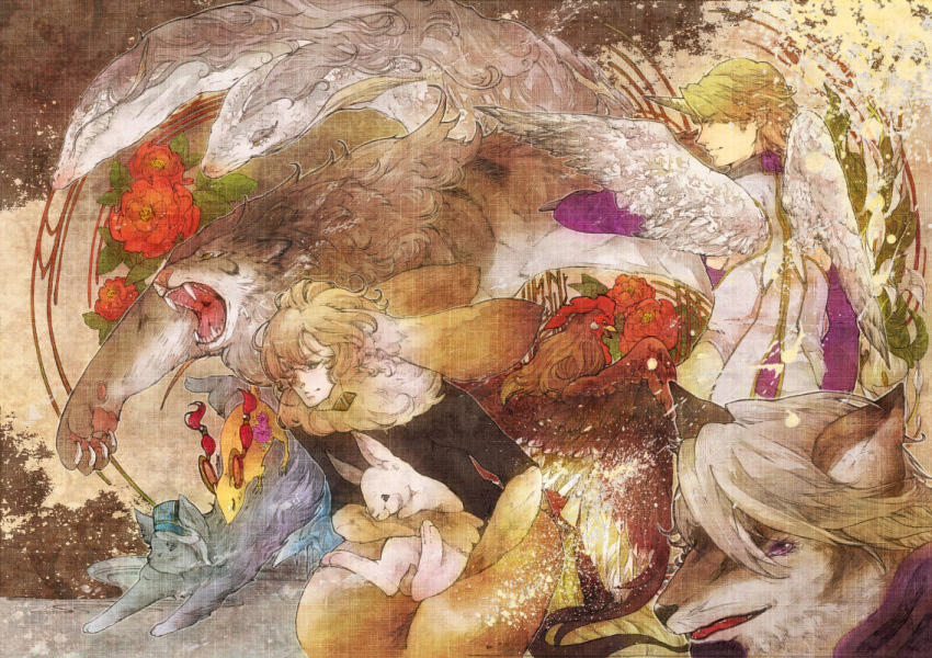 2boys, animalization, antonio_lopez, barnaby_brooks_jr, bird, blue_rose_(tiger_&amp;_bunny), cat, chicken