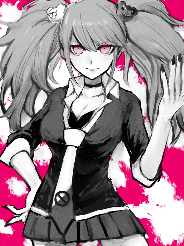 1girl, bad_id, bow, dangan_ronpa, dangan_ronpa_1, enoshima_junko, hair_bow, hair_ornament