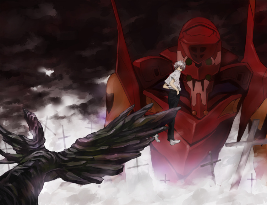 1boy, eva_02, floating, grey_hair, hands_in_pockets, looking_back, mecha, mochikko_(cocoa0101)