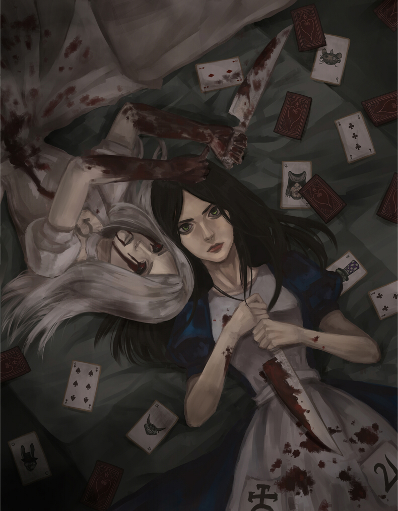 2girls, alice:_madness_returns, alice_(wonderland), alice_in_wonderland, american_mcgee's_alice, black_hair, blood, card, dual_persona, green_eyes, knife, lying, mochikko_(cocoa0101), multiple_girls, white_hair