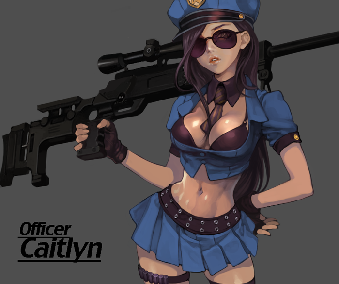 1girl, alternate_costume, between_breasts, black_bra, bra, breasts, brown_hair, caitlyn_(league_of_legends)