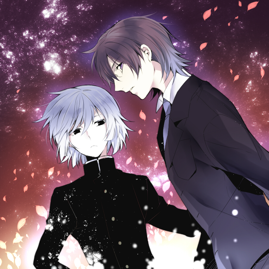 2boys, black_eyes, brown_eyes, brown_hair, glasses, hyoubu_kyousuke, long_sleeves, male