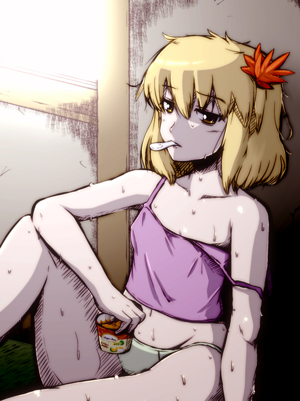 1girl, aki_shizuha, bare_legs, camisole, female, flat_gaze, food, fuupo, haagen-dazs, hair_ornament, ice_cream, jitome, leaf, leaf_hair_ornament, panties, short_hair, solo, spoon, strap_slip, sweat, sweating, thighs, touhou, underwear