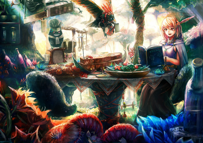 1girl, bird, blonde_hair, book, bread, cape, dress, eagle