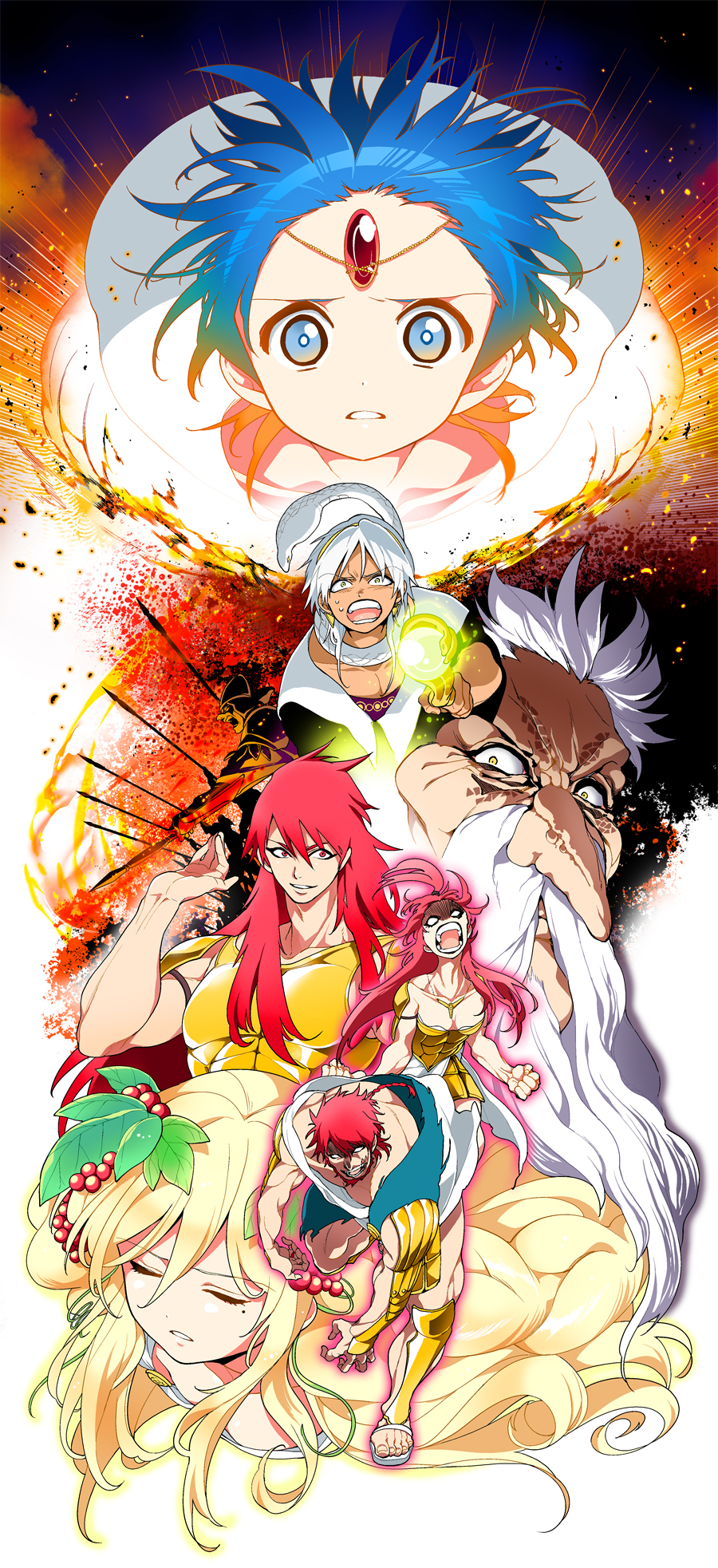 2girls, 5boys, aladdin_(magi), armor, bad_id, beard, blonde_hair, blue_eyes, blue_hair, closed_eyes, dalc_rose, facial_hair, food, fruit, grapes, highres, long_hair, magi_the_labyrinth_of_magic, matal_mogamett, mu_alexius, multiple_boys, multiple_girls, muron_alexius, polearm, red_eyes, redhead, rohroh, scar, scheherazade_(magi), short_hair, snake, spear, sphintus_carmen, staff, weapon, white_hair, yellow_eyes