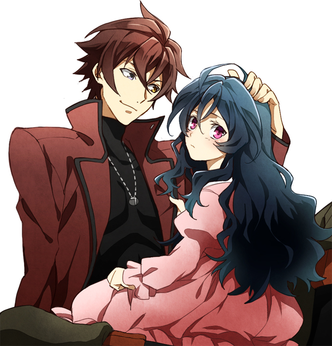 1boy, 1girl, brown_hair, dress, heterochromia, hinomiya_andy, jewelry, kazu_sanbon, long_hair, necklace, petting, short_hair, the_unlimited:_hyoubu_kyousuke, violet_eyes, yellow_eyes, yuugiri_(zettai_karen_children), zettai_karen_children
