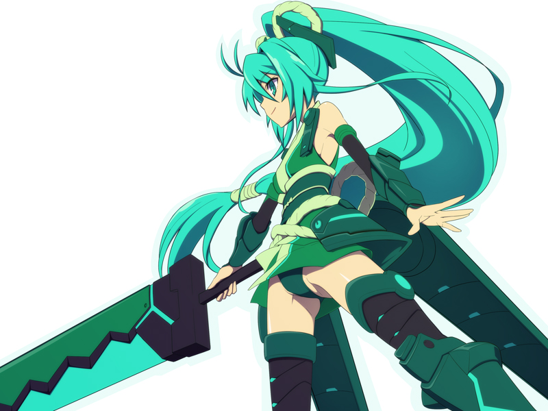 1girl, antenna_hair, aqua_eyes, aqua_hair, armor, bare_shoulders, caryo, fusion