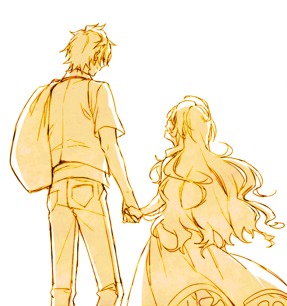 1boy, 1girl, bad_id, bag, dress, hand_holding, hinomiya_andy, kazu_sanbon