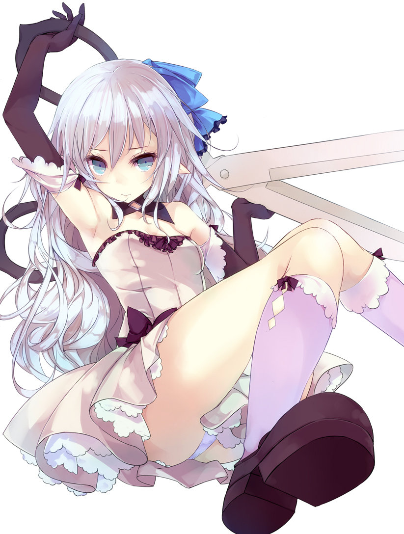1girl, armpits, bare_shoulders, blue_eyes, dress, elbow_gloves, elf, foreshortening