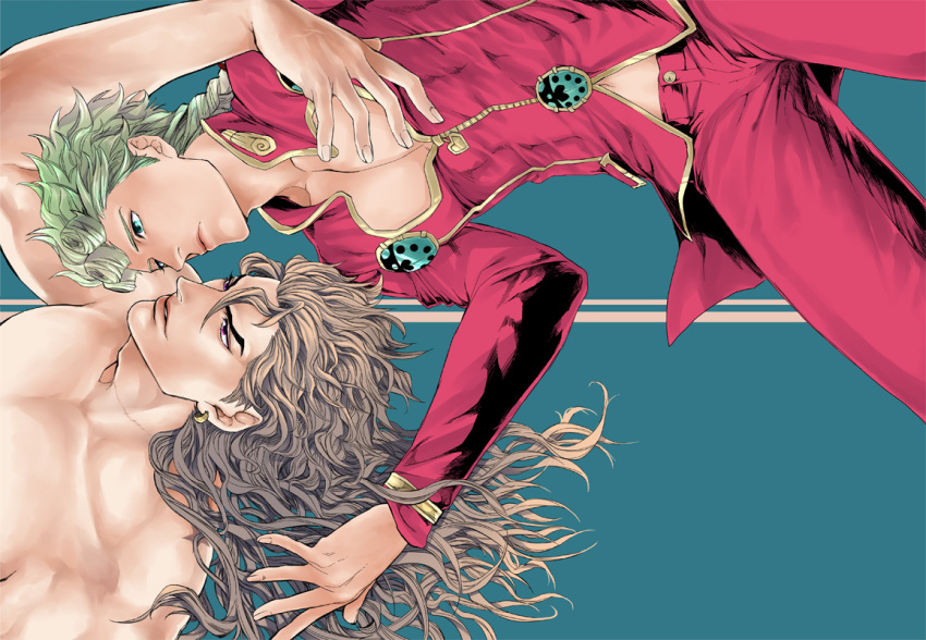 2boys, blonde_hair, blue_eyes, dio_brando, father_and_son, giorno_giovanna, jojo_no_kimyou_na_bouken, ladybug, ladybugs, lipstick, long_hair, makeup, male_focus, multiple_boys, redhead, sanako_(tsubakiiro)
