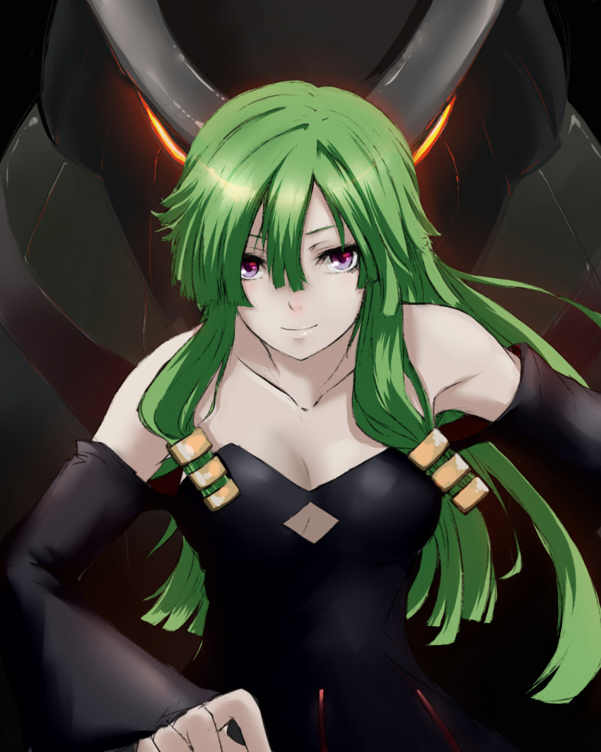 1girl, bare_shoulders, black_dress, breasts, cleavage, collarbone, detached_sleeves, doll_(isekai_no_seikishi_monogatari), dress, green_hair, hair_ornament, highres, isekai_no_seikishi_monogatari, long_hair, minato_(shouno), smile, solo, strapless_dress, violet_eyes