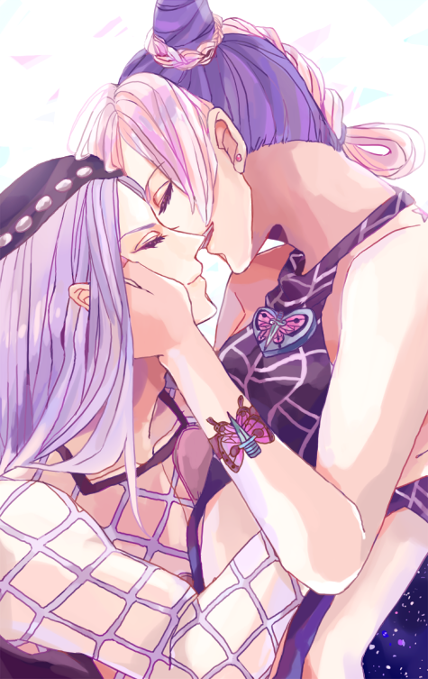 1boy, 1girl, closed_eyes, couple, double_bun, hat, hetero, jojo_no_kimyou_na_bouken