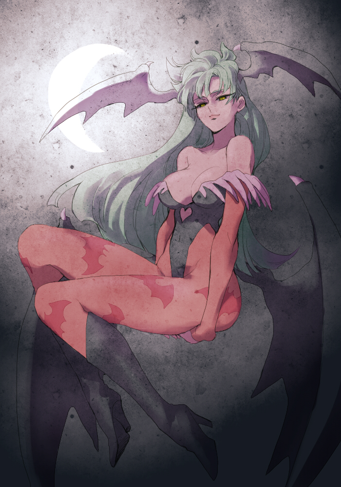 1girl, aqua_hair, bare_shoulders, bat_print, bat_wings, boots, breasts, capcom