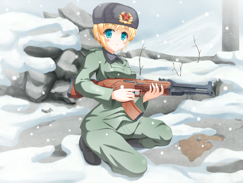 1girl, assault_rifle, blonde_hair, blue_eyes, breasts, bullpup, fur_hat, gun
