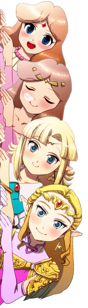 4girls, armor, blonde_hair, blue_eyes, blush, brown_hair, chichi_band, earrings