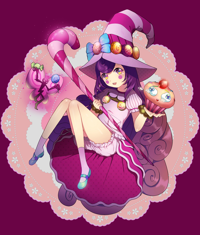 1girl, bad_id, bittersweet_lulu, bloomers, blush, candy, candy_cane, cupcake, dress, fairy, food, hat, hym9594, kneehighs, knees_together_feet_apart, league_of_legends, lollipop, long_hair, lulu_(league_of_legends), mary_janes, open_mouth, pix, purple_hair, shoes, staff, tears, underwear, very_long_hair, witch_hat, yellow_eyes