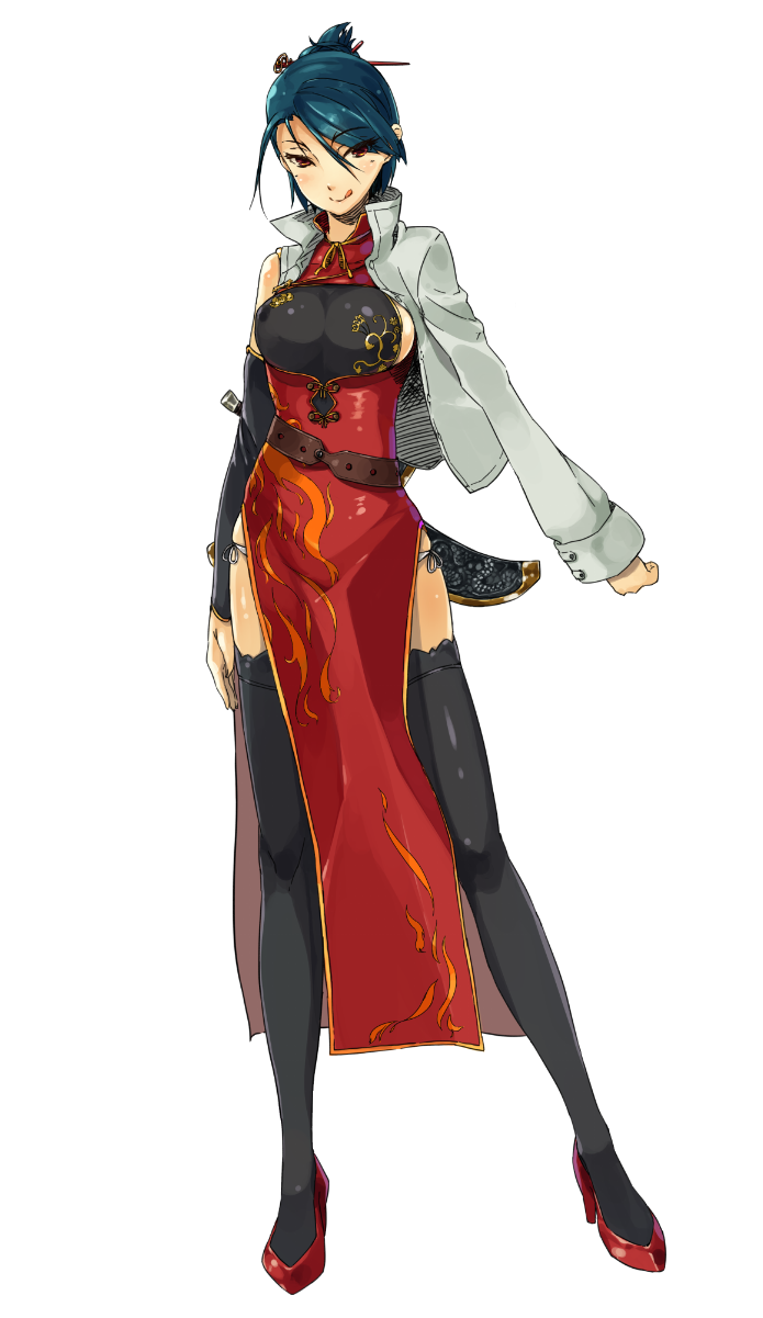 1girl, :q, asymmetrical_clothes, belt, black_legwear, blue_hair, breasts, brown_eyes