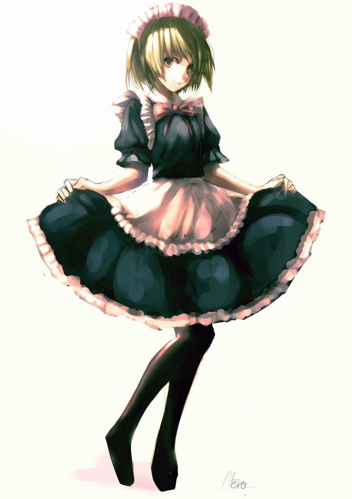 1girl, apron, black_legwear, blonde_hair, bow, curtsey, female, kuronuko_neero