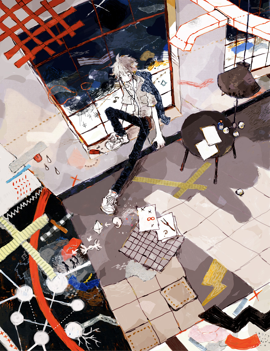 1boy, adam_(evangelion), cassette_player, lamp, lance_of_longinus, male_focus, nagisa_kaworu, neon_genesis_evangelion