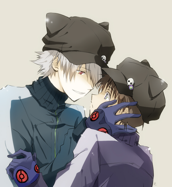 2boys, animal_hat, badge, brown_hair, button_badge, cat_hat, evangelion:_3.0_you_can_(not)_redo, grey_hair, hand_on_another's_face, hat, ikari_shinji, incipient_kiss, male_focus, multiple_boys, nagisa-a, nagisa_kaworu, neon_genesis_evangelion, rebuild_of_evangelion, track_jacket, yaoi