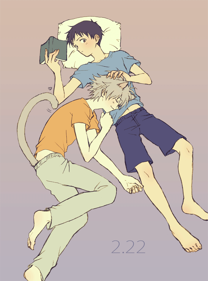 2boys, animal_ears, barefoot, book, brown_eyes, brown_hair, cat_ears, cat_tail, closed_eyes, heart, ikari_shinji, karimero_(calimer0), male, multiple_boys, nagisa_kaworu, neon_genesis_evangelion, open_mouth, petting, pillow, silver_hair, smile, tail