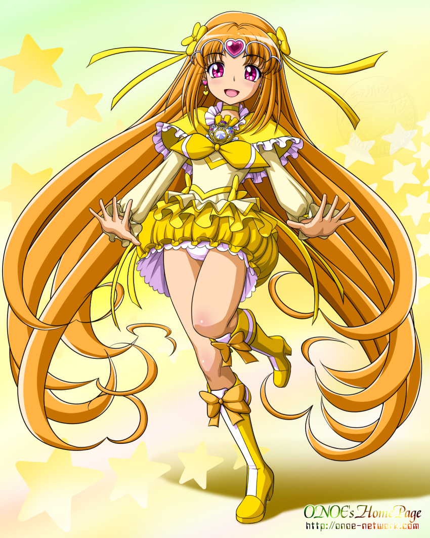 1girl, :d, artist_name, bangs, body_blush, boots, bow, brooch, bubble_skirt, capelet, choker, circlet, cure_muse, cure_muse_(yellow), dress, earrings, flat_chest, frills, gradient, gradient_background, hair_bow, hands, heart, heart_earrings, high_heels, highres, jewelry, knee_boots, kneehighs, leg_lift, long_hair, looking_at_viewer, magical_girl, onoe, open_mouth, orange_hair, panties, pantyshot, pantyshot_(standing), parted_bangs, pink_eyes, precure, ribbon, shadow, shirabe_ako, shoes, short_dress, skirt, smile, solo, standing, standing_on_one_leg, star, suite_precure, underwear, upskirt, very_long_hair, watermark, web_address, white_panties, yellow_bow, yellow_dress, yellow_legwear, yellow_skirt