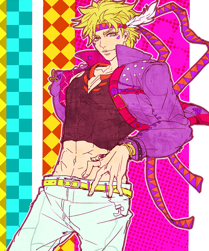 1boy, abs, battle_tendency, belt, blonde_hair, bloody_stream, caesar_anthonio_zeppeli, checkered, crop_top, cropped_jacket, facial_mark, feathers, green_eyes, headband, jacket, jewelry, jojo_no_kimyou_na_bouken, kaya_(umum78), male_focus, midriff, patterned_background, polka_dot, polka_dot_background, ribbon, ring, solo, white_pants