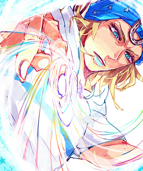 1boy, beanie, blonde_hair, blue_eyes, hat, horseshoe, johnny_joestar, jojo_no_kimyou_na_bouken, kaya_(umum78), lipstick, makeup, male_focus, solo, steel_ball_run