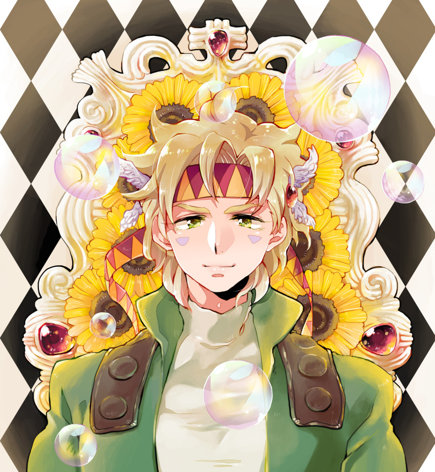 1boy, argyle, argyle_background, battle_tendency, blonde_hair, bubble, caesar_anthonio_zeppeli, facial_mark