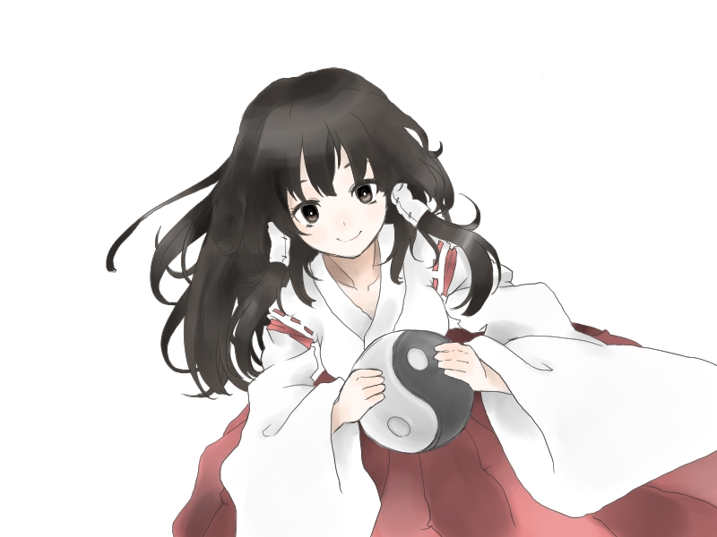 1girl, alternate_costume, black_hair, brown_eyes, female, hair_tubes, hakurei_reimu, hakurei_reimu_(pc-98), japanese_clothes, long_hair, looking_at_viewer, m.u.g.e.n, miko, morodashi, sendai_hakurei_no_miko, smile, solo, touhou, touhou_(pc-98), wide_sleeves, yin_yang