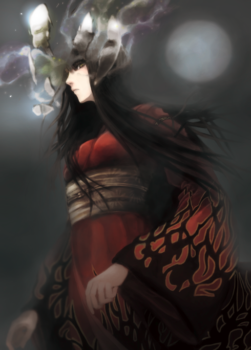 1girl, black_hair, broken, fatal_frame, fatal_frame_4, full_moon, gauss_<counting_on_more_blur, haibara_sakuya, japanese_clothes, kimono, long_hair, mask, moon, obi, sash, solo, yellow_eyes